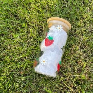 Strawberry and Flowers Glass Beer Cup | Glass Tumbler